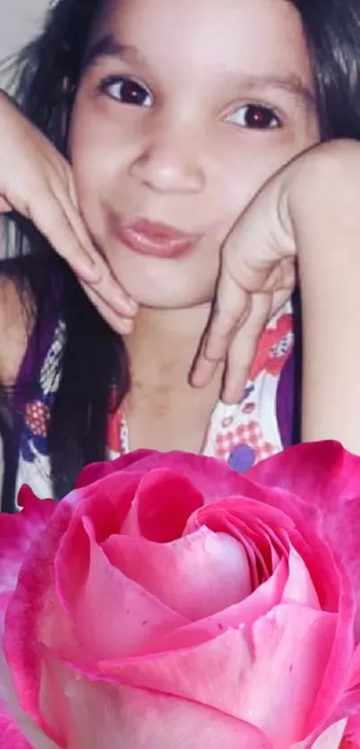 A smiling child with a pink rose.