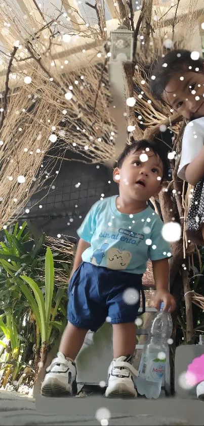 Two children playing outdoors amid charming nature scene.