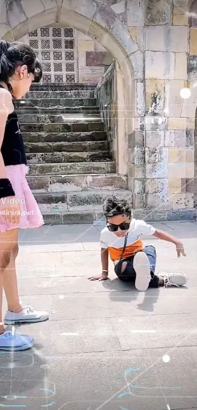 Kids playing near historic stone structure, vibrant atmosphere.