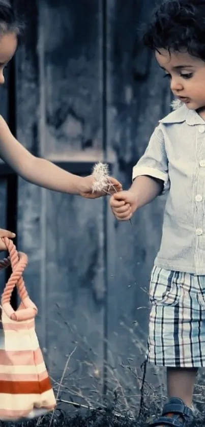 Two young children playing in a rustic setting, surrounded by blue-gray tones.