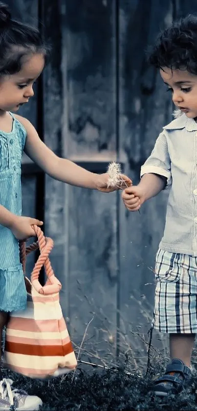 Children in a serene blue-hued setting holding a dandelion.