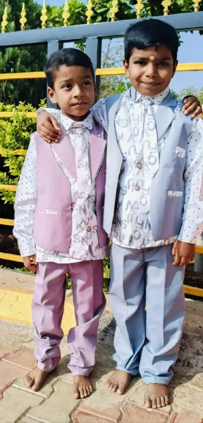 Two smiling children in colorful pastel suits pose outdoors.