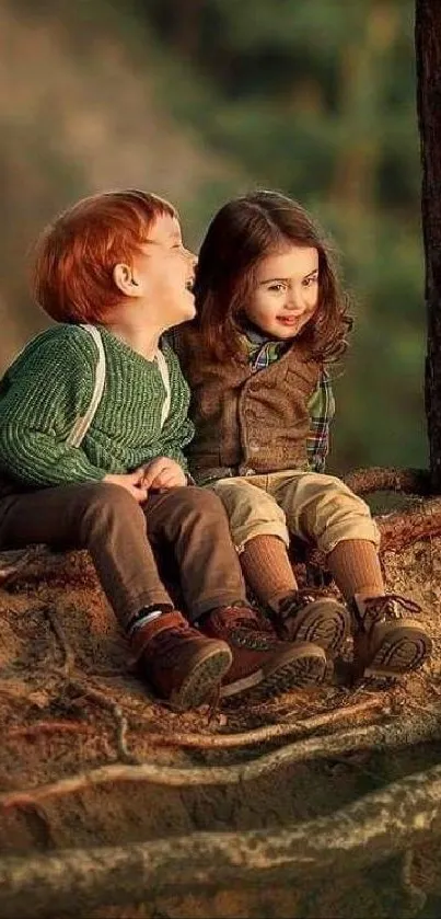 Two kids sitting on a forest log, surrounded by nature's warm colors.