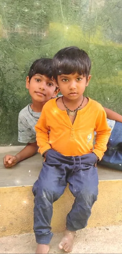 Two young boys sitting casually outdoors with a green backdrop.