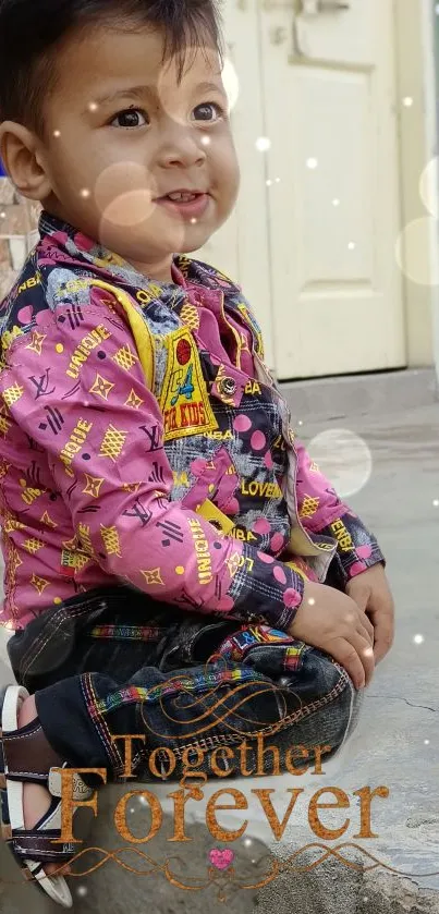Adorable child in colorful attire, smiling with 'Together Forever' text.