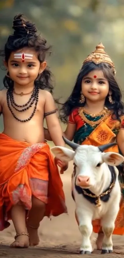 Two children in traditional dress with a calf in a vibrant, cultural scene.