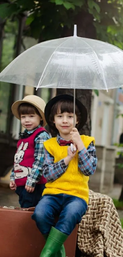 Two children with umbrella, vintage look in a charming outdoor scene.