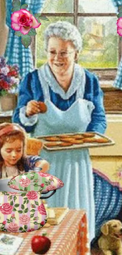 Vintage kitchen scene with grandma and child baking with floral accents.