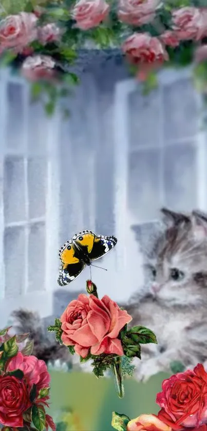 Kitten gazing at butterfly near window and roses.