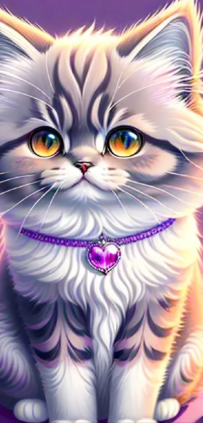 Charming fluffy kitten with a purple heart collar on a purple background.