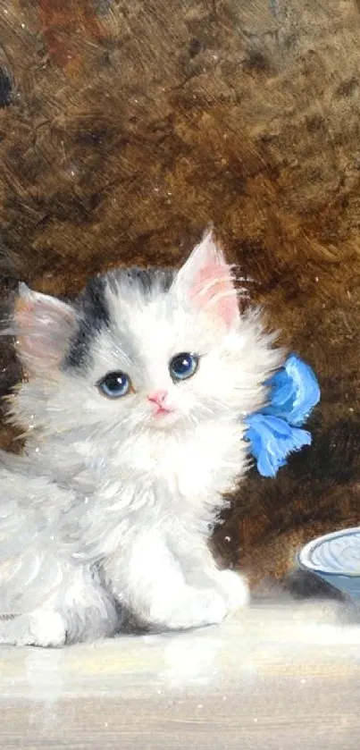 A fluffy kitten with a blue bow sits beside a dish in an artistic wallpaper.