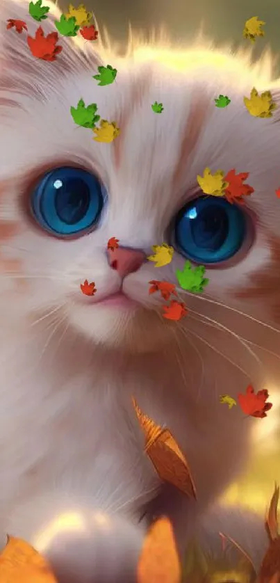 Cute kitten with bright blue eyes among autumn leaves.