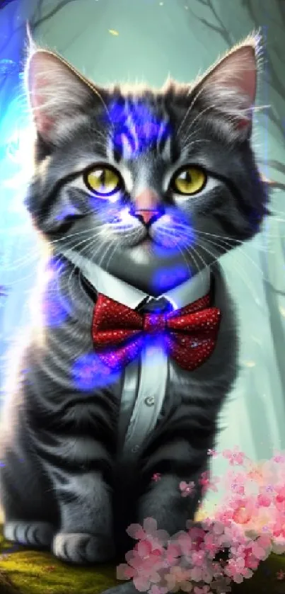 Cute kitten with red bow tie in a mystical forest scene.