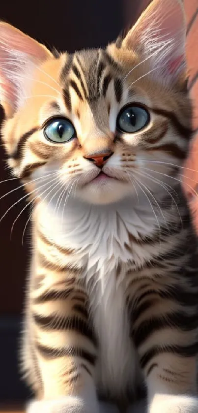 Adorable tabby kitten with bright eyes against a brick wall.