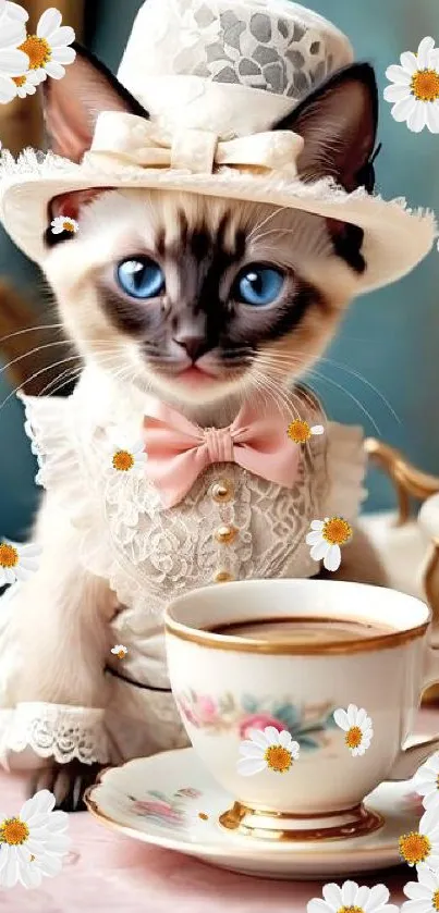 Kitten in elegant attire enjoying a tea party with daisies.