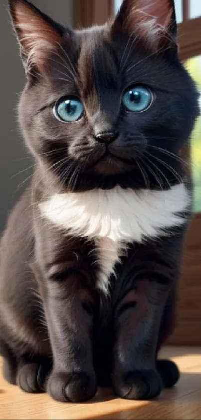 Adorable black kitten with blue eyes sitting on the floor.