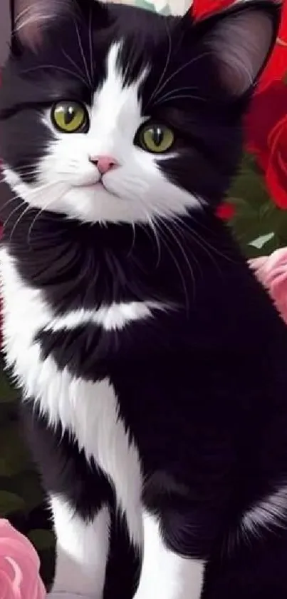 Adorable black and white kitten with vibrant red roses background.