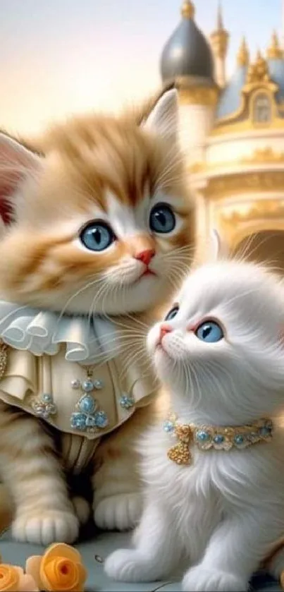 Two kittens with blue eyes in a royal background.