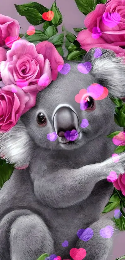 Adorable koala embracing pink roses on a floral-themed wallpaper.