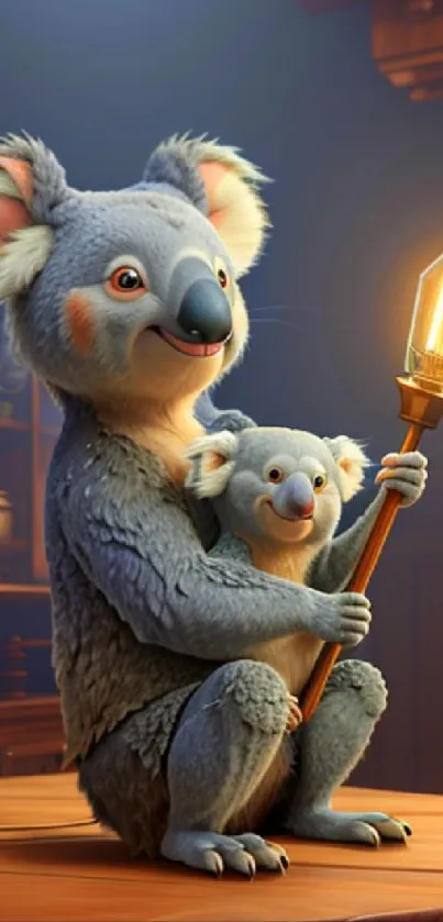 Charming koala holding a glowing lantern, set in a warm-toned background.