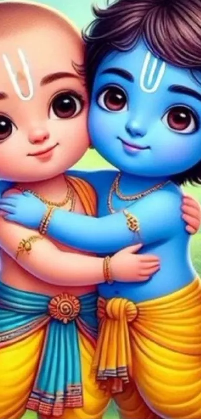 Charming illustration of Krishna and Balram hugging in vibrant colors.