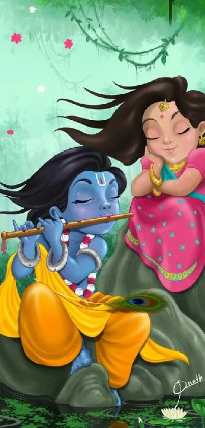 Charming Krishna and Radha art wallpaper with vibrant colors.