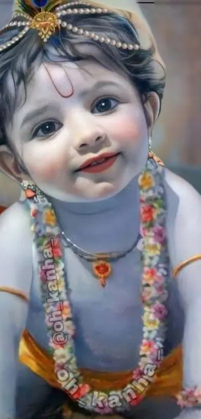 Charming baby Krishna artwork with vibrant colors and divine appeal.