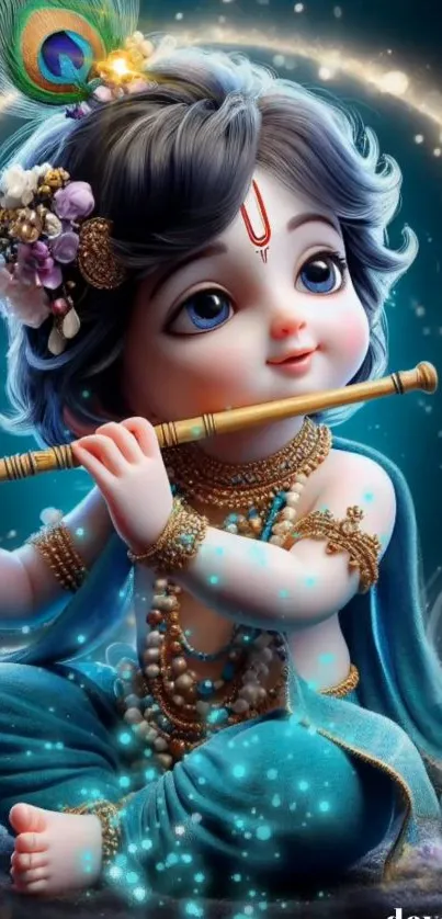 Charming Krishna art with teal hues and divine scene.