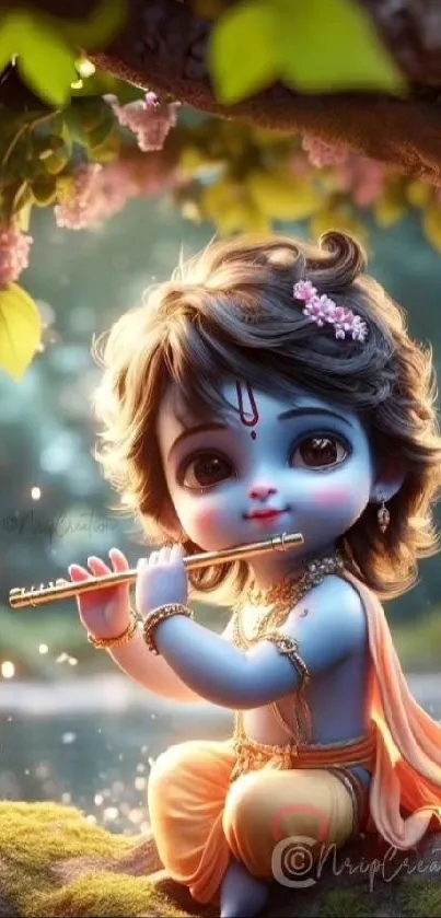 Cute baby Krishna playing flute in a serene natural setting.