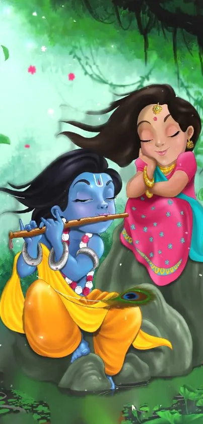 Charming Krishna and friend enjoying a peaceful moment in a vibrant forest setting.