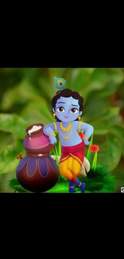 Krishna mobile wallpaper with lush green background.