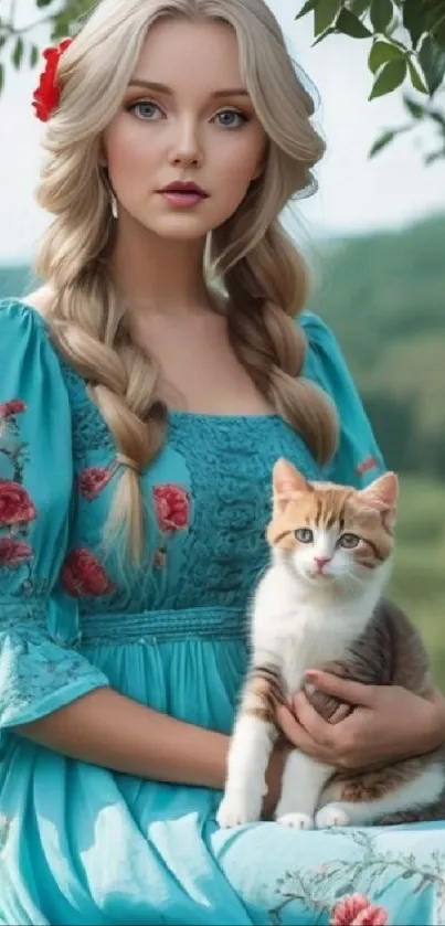 Blonde woman in blue dress holding a cat in a lush green setting.