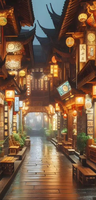 Lantern-lit alleyway with traditional charm and ambiance at night.