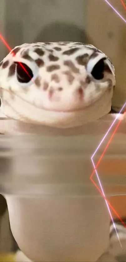 Leopard gecko with neon lines on a mobile wallpaper.