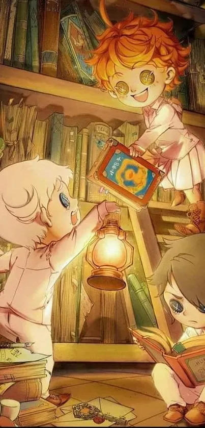 Anime children exploring a magical library, surrounded by books and warm light.