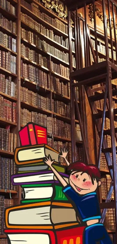 Charming wallpaper of a boy reaching for books in a grand library.