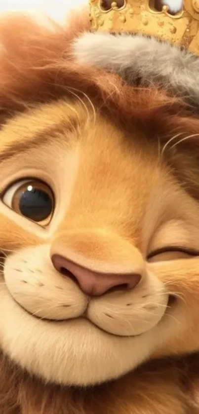 Winking cartoon lion with a crown.