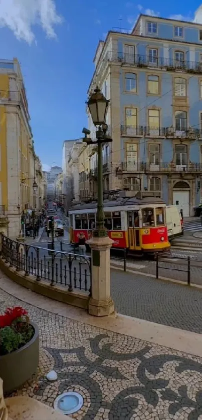 Lisbon tram and street with vibrant architecture.