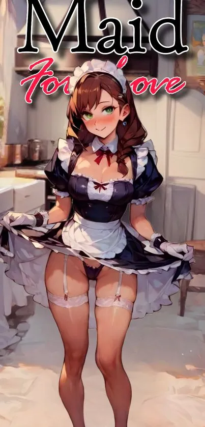 Charming anime maid in a cozy kitchen setting