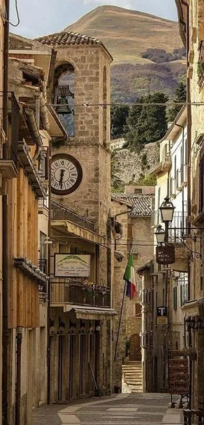 Medieval street with stone buildings and scenic backdrop.