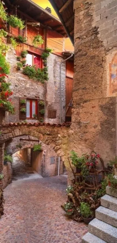 Charming Mediterranean alleyway with rustic stonework and vibrant flowers.