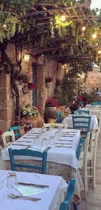 Mediterranean café outdoor seating with charming decor.