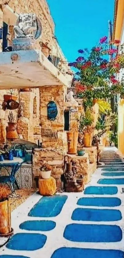 Mediterranean street with blue accents and vibrant decor.