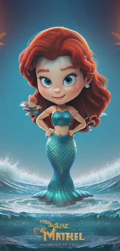 Cartoon mermaid with vibrant turquoise scales and red hair, standing in ocean waves.