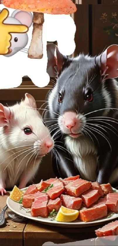 Adorable mice enjoy a meal on a cozy table.