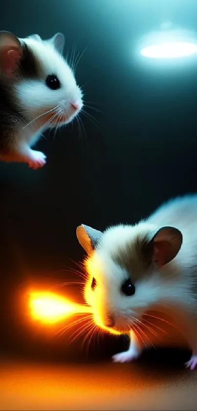 Two adorable mice illuminated by vibrant neon lights in a digital artwork.