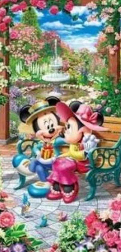 Mickey and Minnie Mouse sitting in a colorful garden.