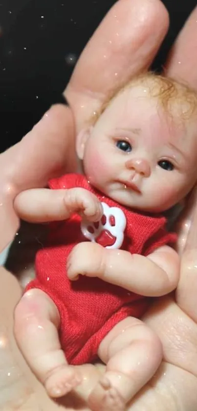 Realistic miniature baby held gently in hands.