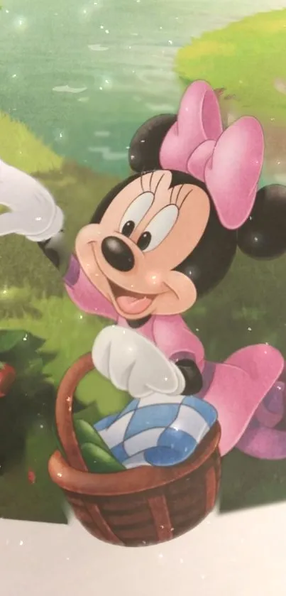 Minnie Mouse joyfully picking berries by a sparkling pond.