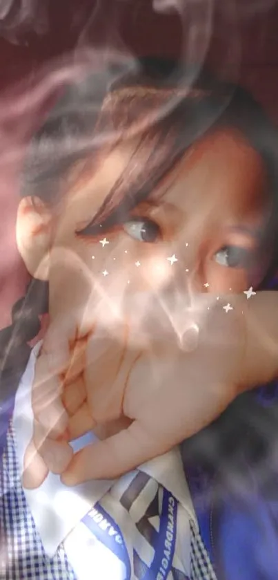 Mobile wallpaper featuring a girl with stars on her face in a brown background.